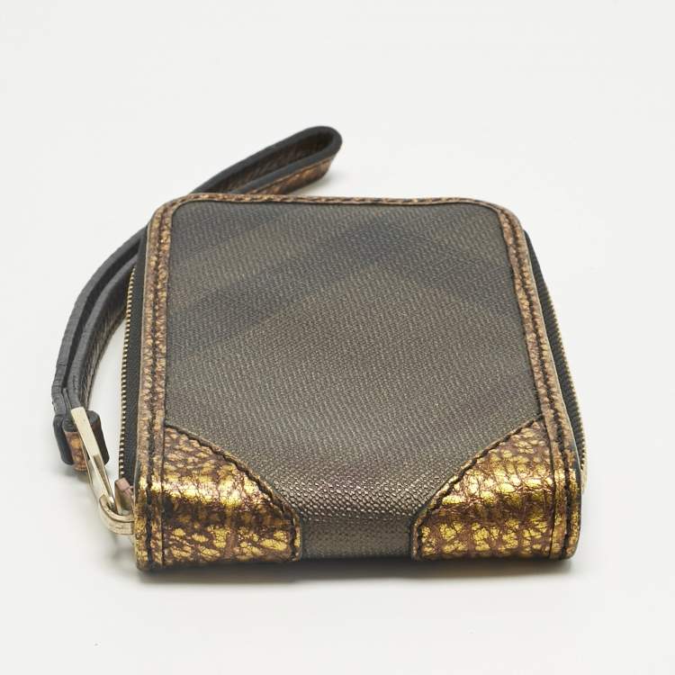 Pre Owned Burberry Gold/Brown Smoke Check Coated Canvas Zip Wristlet Pouch