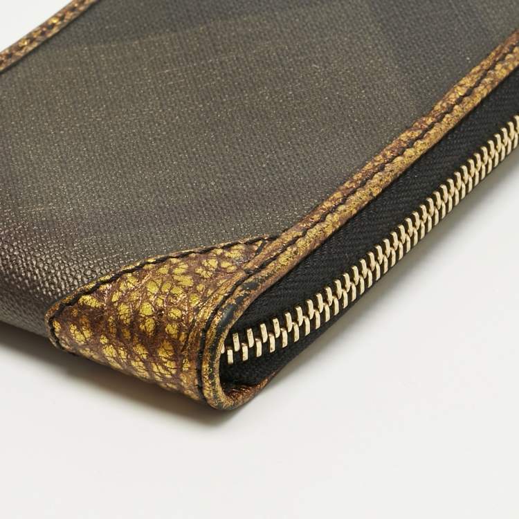Pre Owned Burberry Gold/Brown Smoke Check Coated Canvas Zip Wristlet Pouch