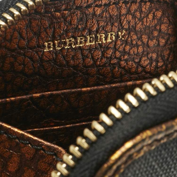Pre Owned Burberry Gold/Brown Smoke Check Coated Canvas Zip Wristlet Pouch