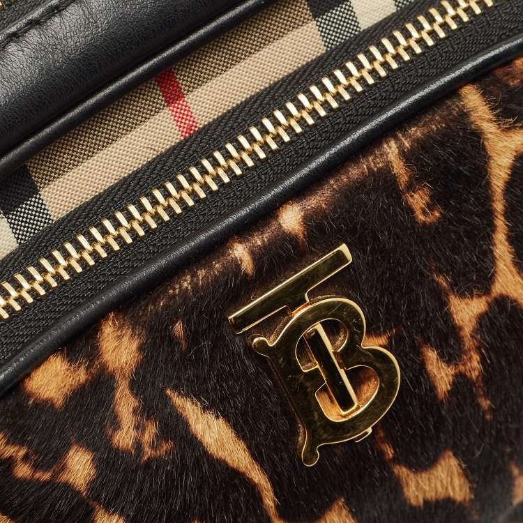 Pre Owned Burberry Brown/Black Leopard Print Calfhair and House Check Fabric TB Camera Bag