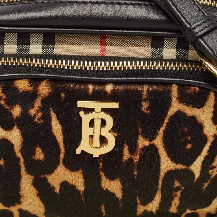 Pre Owned Burberry Brown/Black Leopard Print Calfhair and House Check Fabric TB Camera Bag