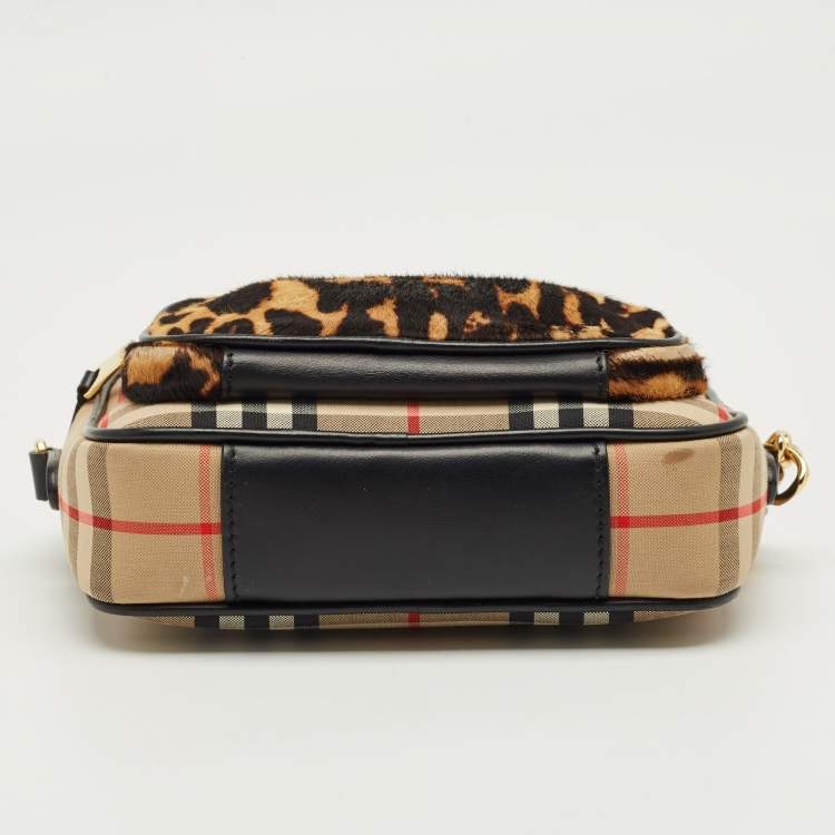 Pre Owned Burberry Brown/Black Leopard Print Calfhair and House Check Fabric TB Camera Bag