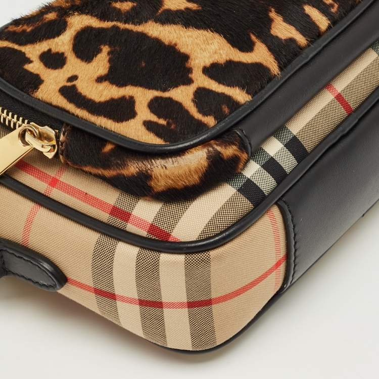 Pre Owned Burberry Brown/Black Leopard Print Calfhair and House Check Fabric TB Camera Bag