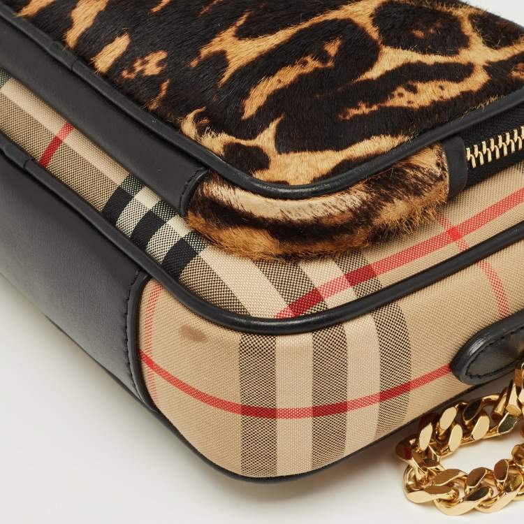 Pre Owned Burberry Brown/Black Leopard Print Calfhair and House Check Fabric TB Camera Bag