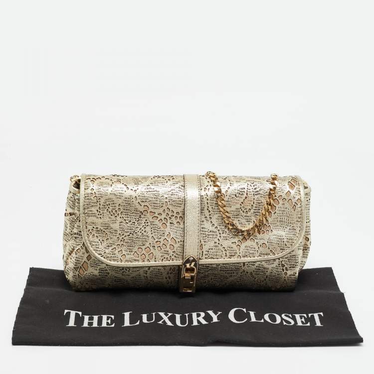 Pre Owned Burberry Gold Laser Cut Leather Theia Chain Clutch