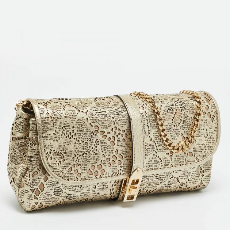 Pre Owned Burberry Gold Laser Cut Leather Theia Chain Clutch
