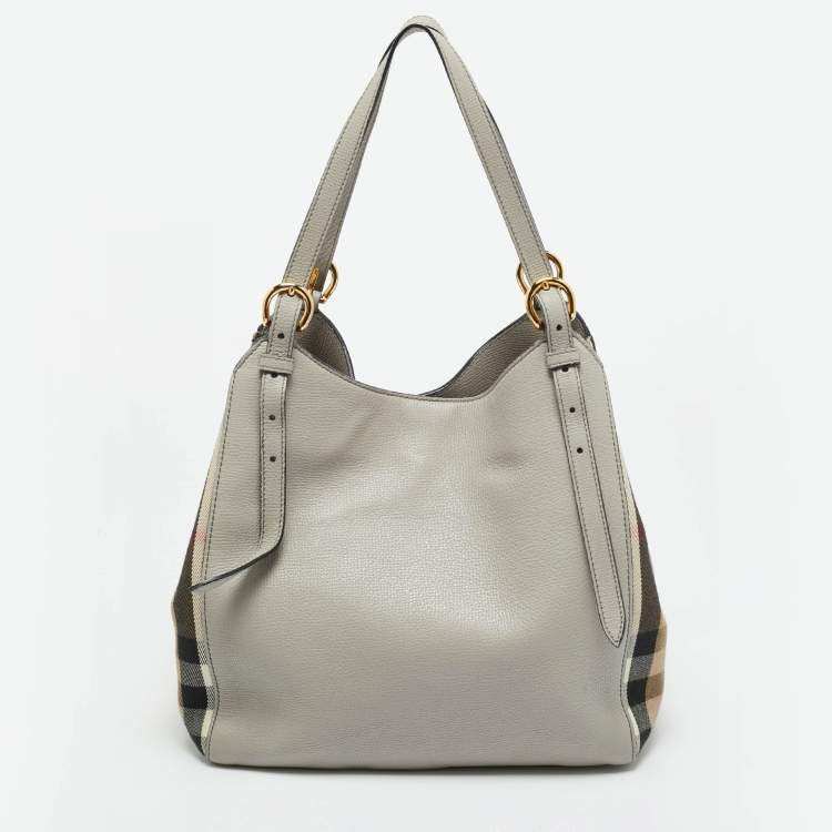 Pre Owned Burberry Grey/Beige House Check Canvas and Leather Canterbury Tote