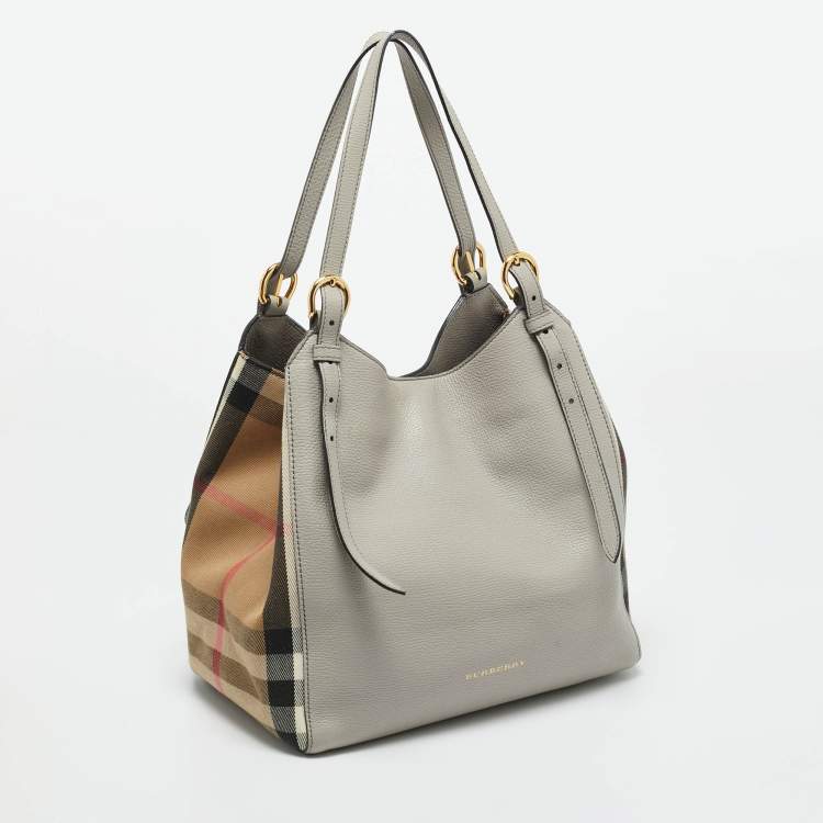 Pre Owned Burberry Grey/Beige House Check Canvas and Leather Canterbury Tote