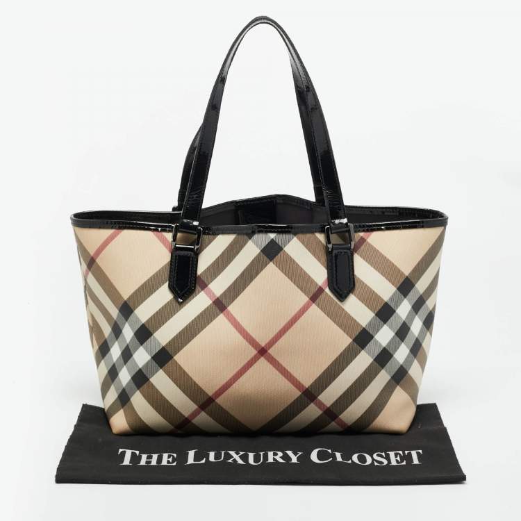 Pre Owned Burberry Beige/Black Supernova Check Coated Canvas and Patent Leather Nickie Tote