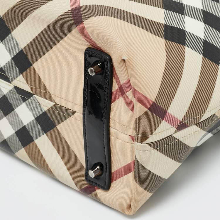 Pre Owned Burberry Beige/Black Supernova Check Coated Canvas and Patent Leather Nickie Tote