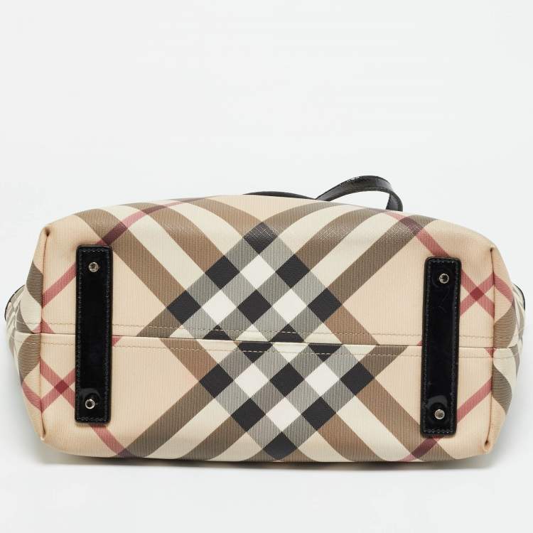Pre Owned Burberry Beige/Black Supernova Check Coated Canvas and Patent Leather Nickie Tote
