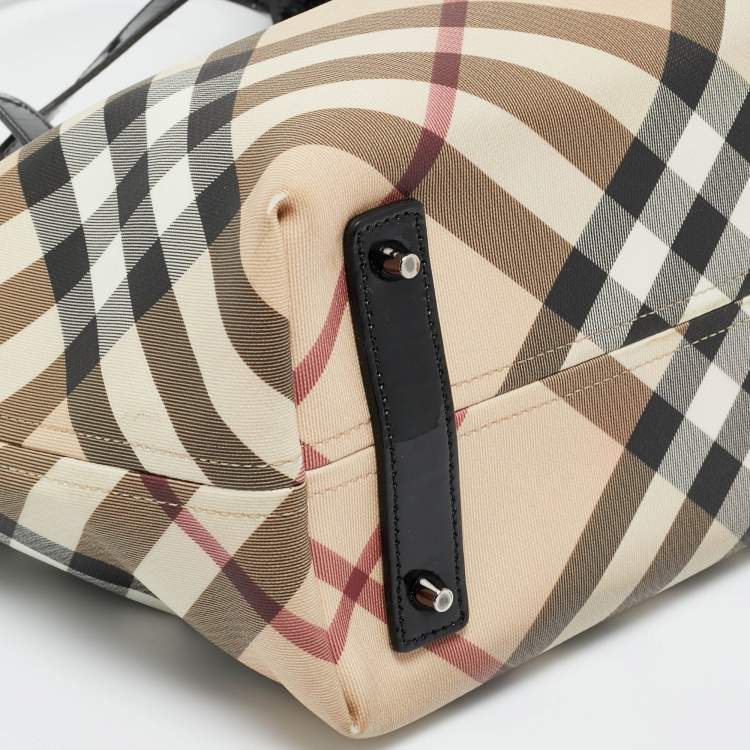 Pre Owned Burberry Beige/Black Supernova Check Coated Canvas and Patent Leather Nickie Tote