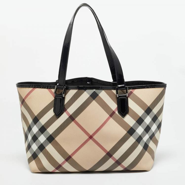 Pre Owned Burberry Beige/Black Supernova Check Coated Canvas and Patent Leather Nickie Tote