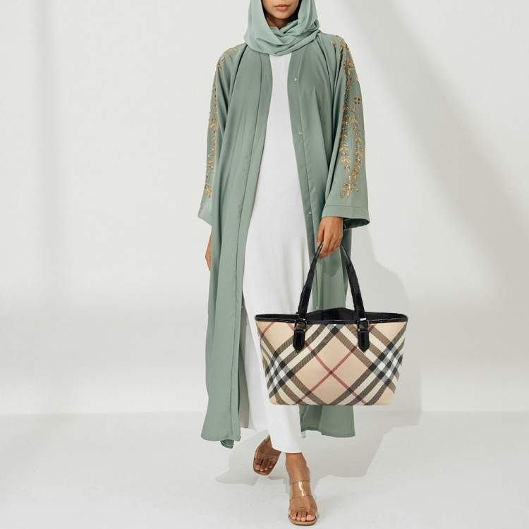 Pre Owned Burberry Beige/Black Supernova Check Coated Canvas and Patent Leather Nickie Tote