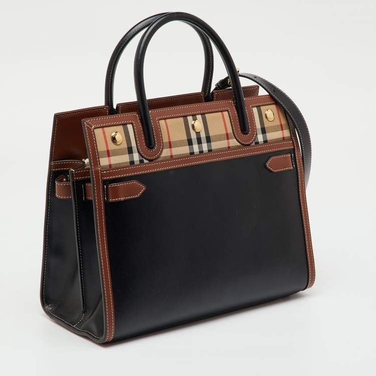 Pre Owned Burberry Black/Beige Housecheck Fabric and Leather Title Tote