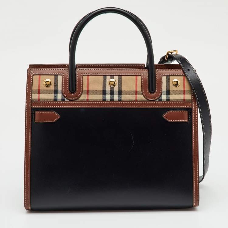 Pre Owned Burberry Black/Beige Housecheck Fabric and Leather Title Tote