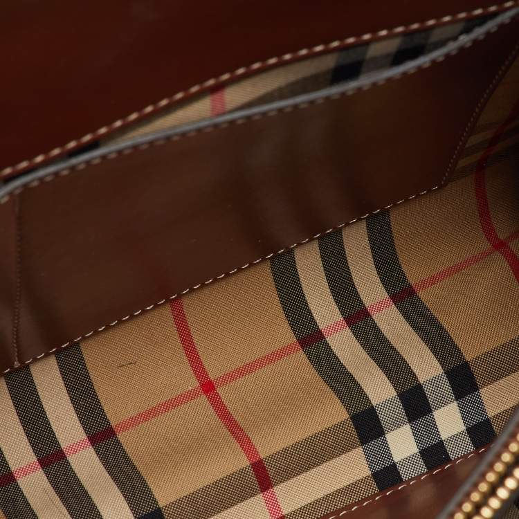 Pre Owned Burberry Black/Beige Housecheck Fabric and Leather Title Tote