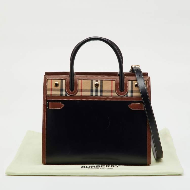 Pre Owned Burberry Black/Beige Housecheck Fabric and Leather Title Tote