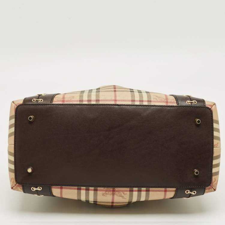 Pre Owned Burberry Brown/Beige Haymarket Check Coated Canvas and Leather Thornley Bag