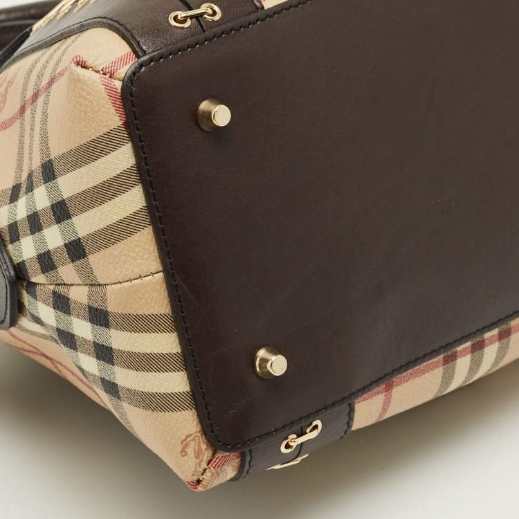 Pre Owned Burberry Brown/Beige Haymarket Check Coated Canvas and Leather Thornley Bag