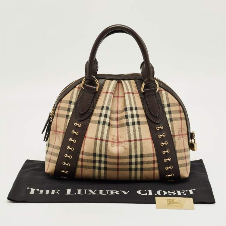 Pre Owned Burberry Brown/Beige Haymarket Check Coated Canvas and Leather Thornley Bag