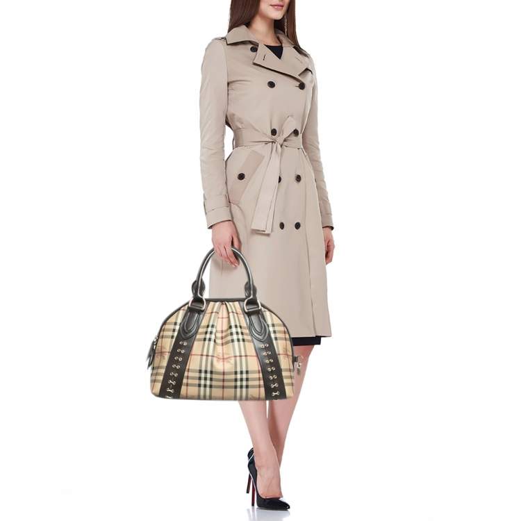 Pre Owned Burberry Brown/Beige Haymarket Check Coated Canvas and Leather Thornley Bag