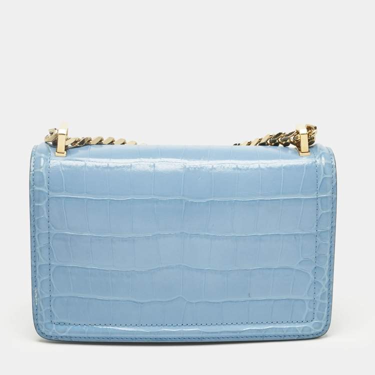 Pre Owned Burberry Light Blue Croc Embossed Leather TB Elongated Chain Bag