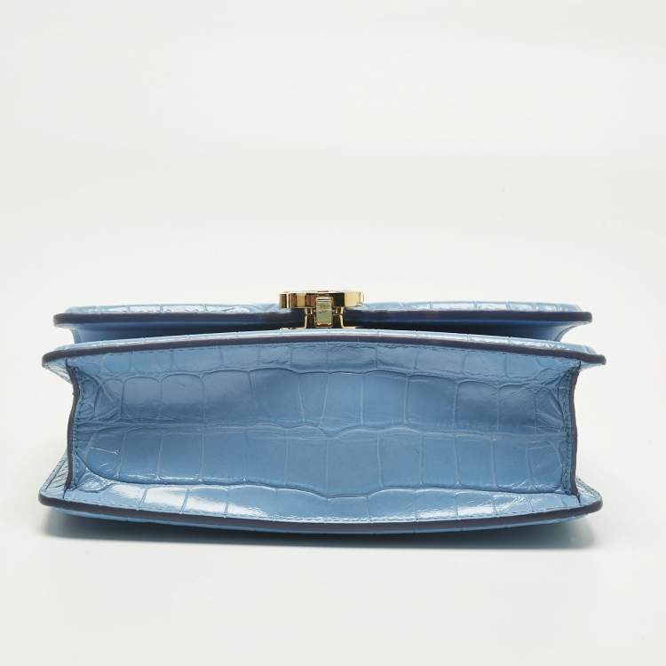 Pre Owned Burberry Light Blue Croc Embossed Leather TB Elongated Chain Bag