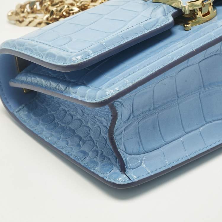 Pre Owned Burberry Light Blue Croc Embossed Leather TB Elongated Chain Bag