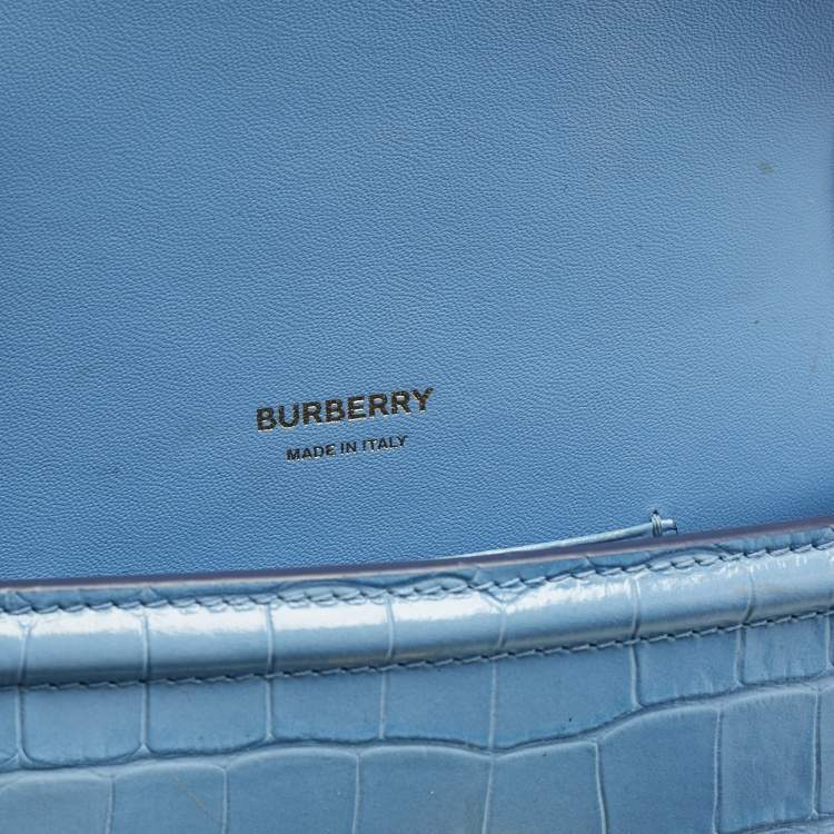 Pre Owned Burberry Light Blue Croc Embossed Leather TB Elongated Chain Bag