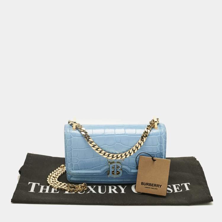 Pre Owned Burberry Light Blue Croc Embossed Leather TB Elongated Chain Bag