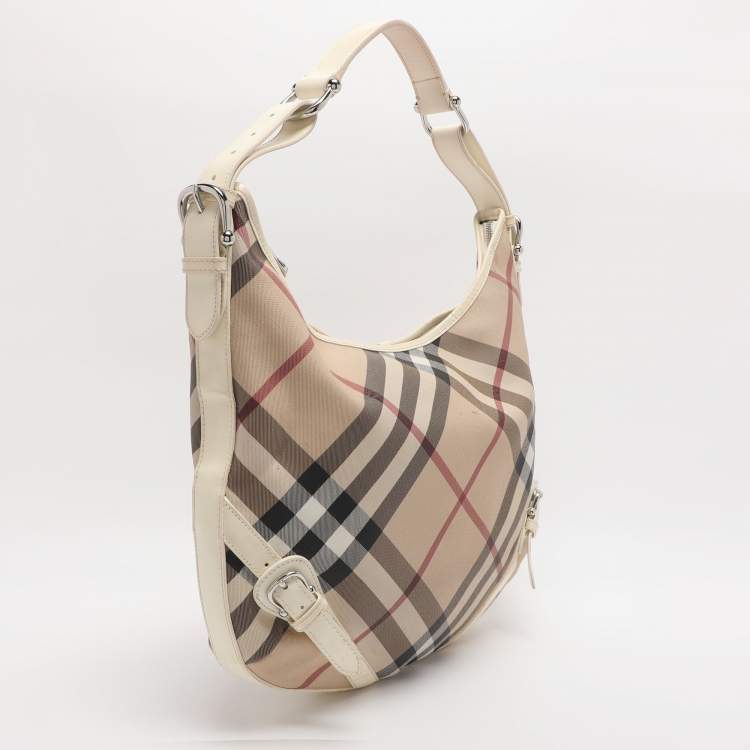 Pre Owned Burberry Beige/White Nova Check Coated Canvas and Patent Leather Barton Hobo