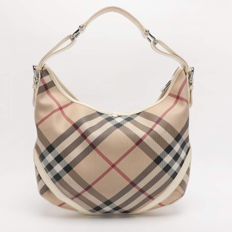 Pre Owned Burberry Beige/White Nova Check Coated Canvas and Patent Leather Barton Hobo