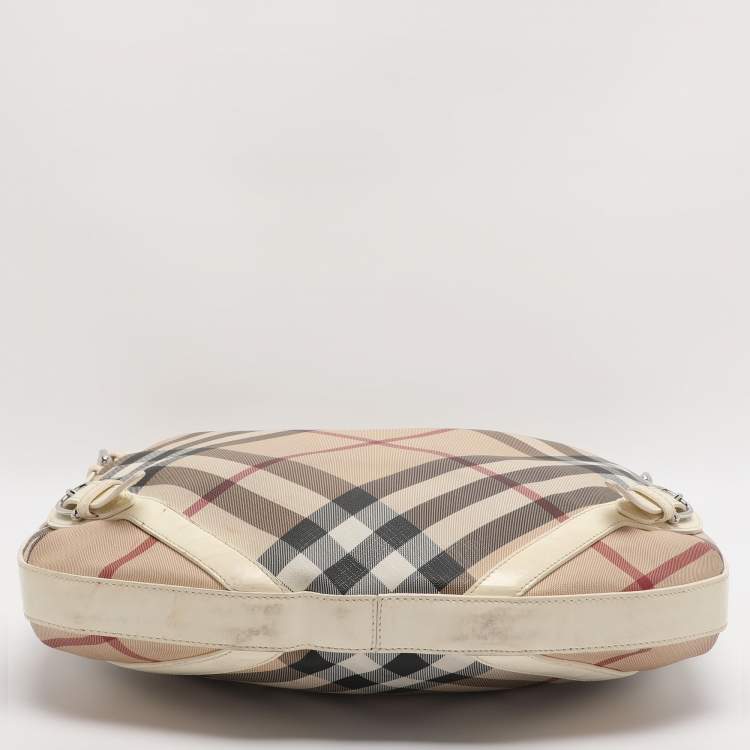 Pre Owned Burberry Beige/White Nova Check Coated Canvas and Patent Leather Barton Hobo