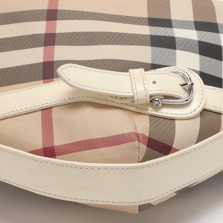 Pre Owned Burberry Beige/White Nova Check Coated Canvas and Patent Leather Barton Hobo