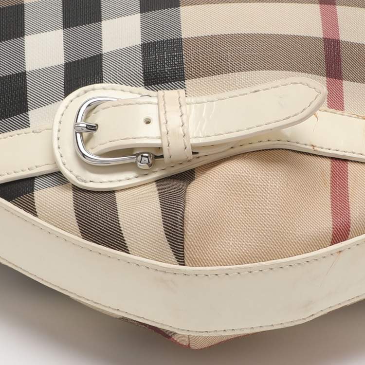 Pre Owned Burberry Beige/White Nova Check Coated Canvas and Patent Leather Barton Hobo