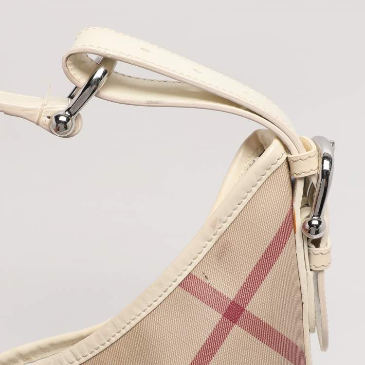 Pre Owned Burberry Beige/White Nova Check Coated Canvas and Patent Leather Barton Hobo
