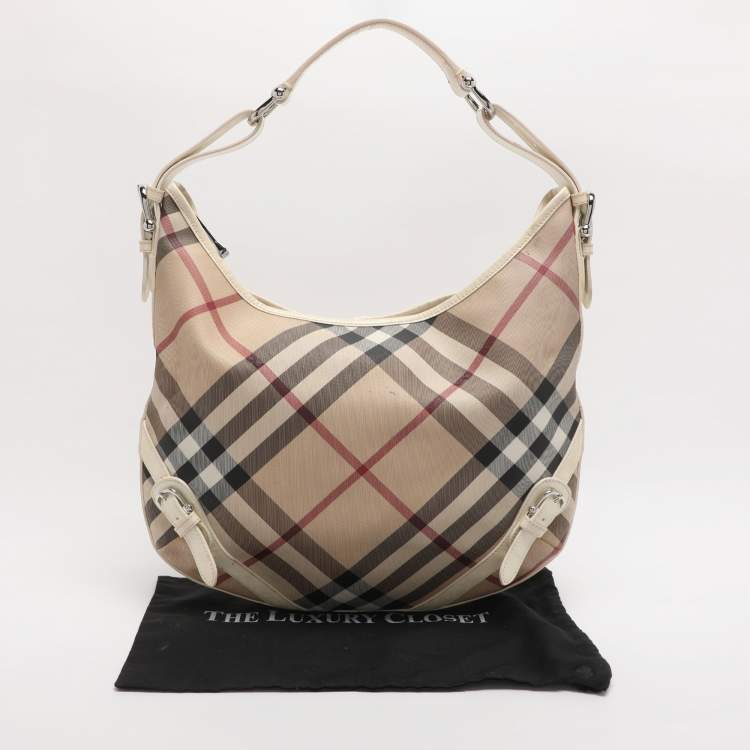 Pre Owned Burberry Beige/White Nova Check Coated Canvas and Patent Leather Barton Hobo