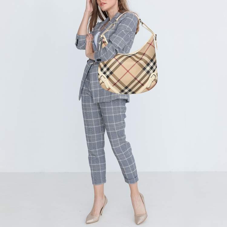 Pre Owned Burberry Beige/White Nova Check Coated Canvas and Patent Leather Barton Hobo