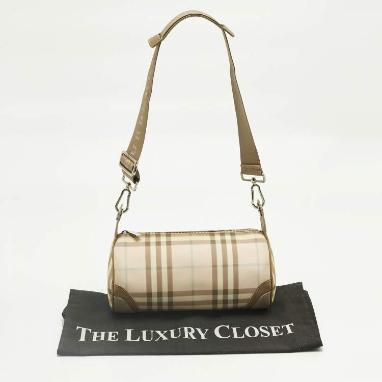 Pre Owned Burberry Pink/Beige House Check Nylon and Leather Barrel Bag