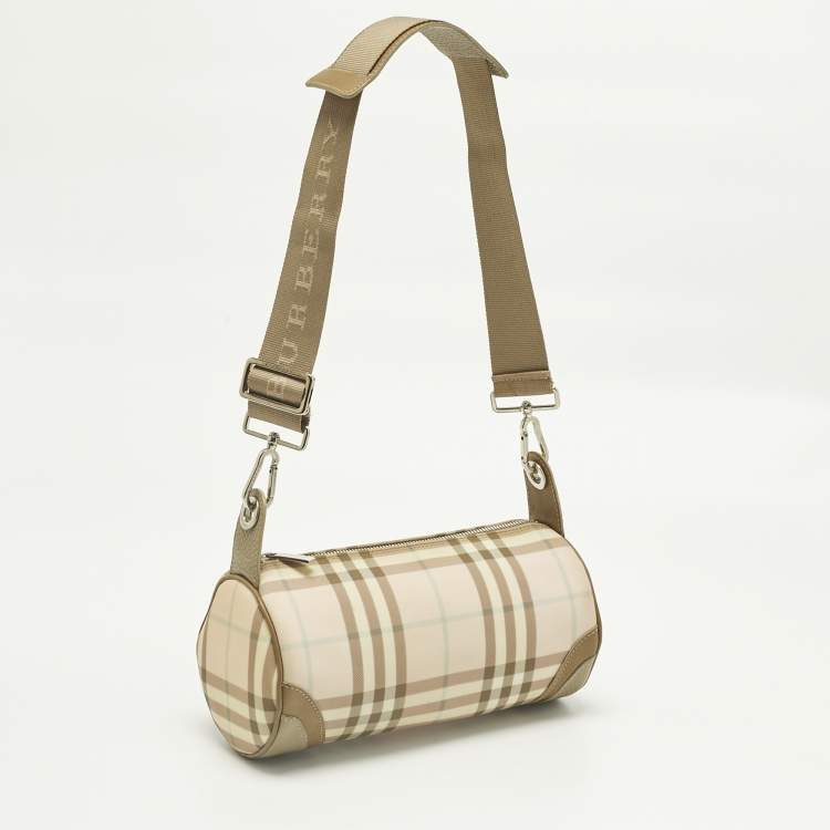 Pre Owned Burberry Pink/Beige House Check Nylon and Leather Barrel Bag