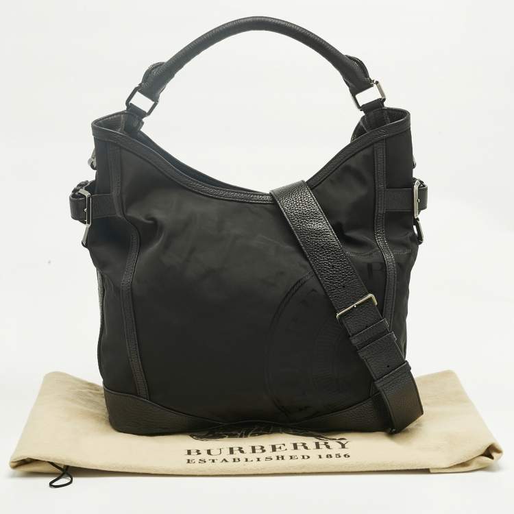 Pre Owned Burberry Black Leather and Nylon Logo Hobo