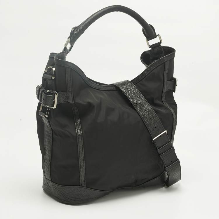 Pre Owned Burberry Black Leather and Nylon Logo Hobo