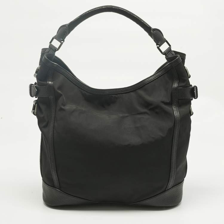 Pre Owned Burberry Black Leather and Nylon Logo Hobo