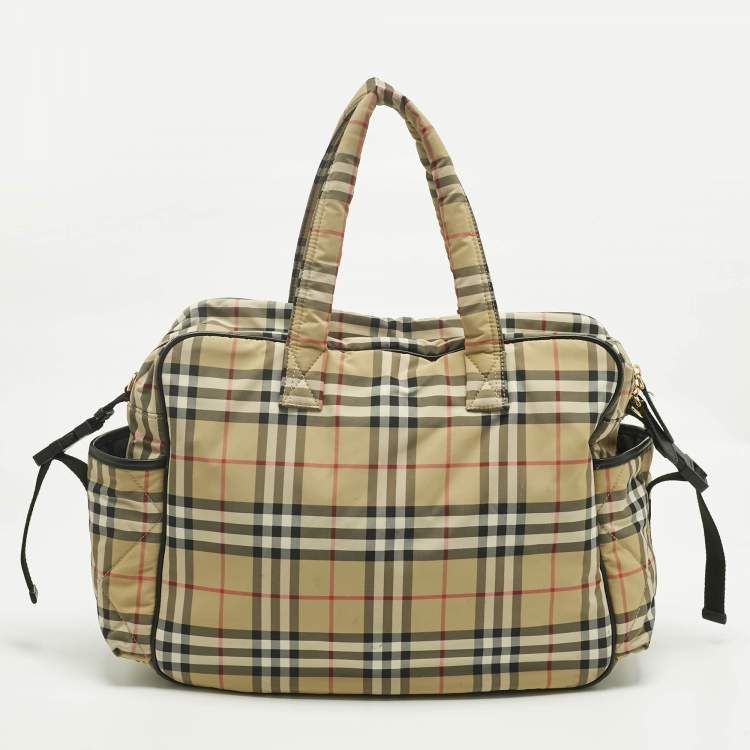 Pre Owned Burberry Beige Archive Check Nylon Changing Bag