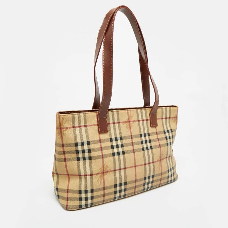 Pre Owned Burberry Beige/Brown Haymarket Check Coated Canvas and Leather Tote