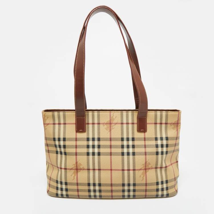Pre Owned Burberry Beige/Brown Haymarket Check Coated Canvas and Leather Tote