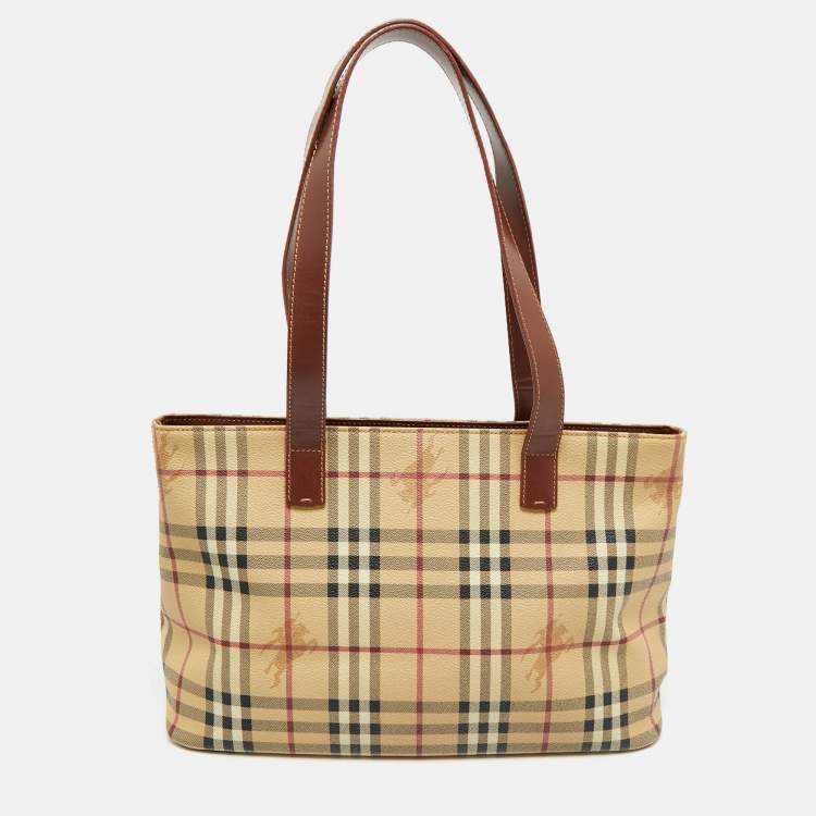Pre Owned Burberry Beige/Brown Haymarket Check Coated Canvas and Leather Tote