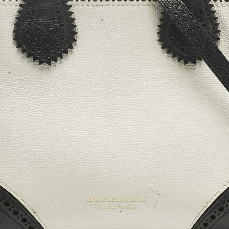 Pre Owned Burberry White/Black Leather and House Check Fabric Small Brogues Banner Tote