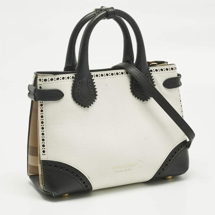 Pre Owned Burberry White/Black Leather and House Check Fabric Small Brogues Banner Tote